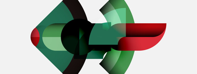 Poster - Abstract geometric shapes overlap, creating dynamic composition. Green, red, black hues dominate minimalist background. Modern design.