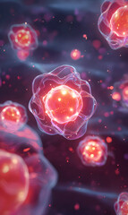 Poster - Abstract cellular structures with vibrant red cores in glowing ethereal clusters for science