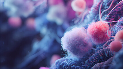 Poster - Detailed microscopic rendering shows infectious disease cells magnified with bright vibrant color