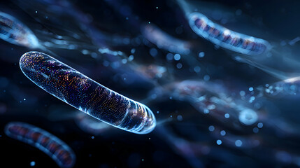 Poster - Detailed microscopic view of biological cell structures with glowing outlines in a deep space dark