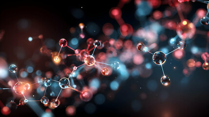 Poster - Molecular structure visualization featuring complex interconnected atoms with vibrant red and blue