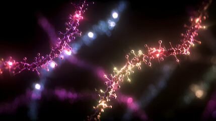 Poster - Illuminated molecular structure design with glowing spheres on black background for science