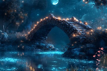 Poster - A mystical stone bridge carved with glowing runes spans a crystal-clear lake, surrounded by bioluminescent plants and a twilight sky filled with twin moons 