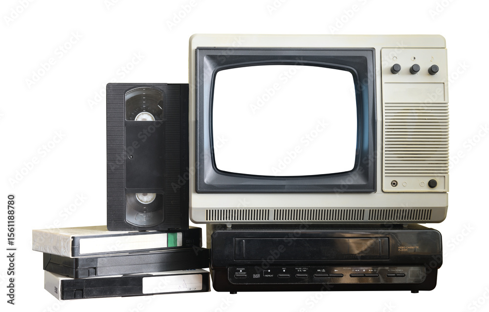Old black vintage TV with white screen and VCR from 1980s, 1990s