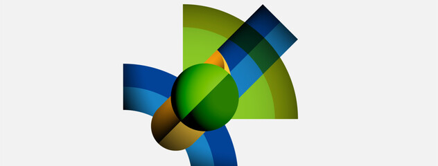Poster - Abstract design features colorful curved shapes radiating from central green sphere. Composition evokes motion, energy, dynamic visual impact.