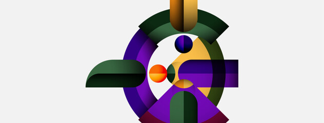 Aufkleber - Abstract geometric composition. Circles, squares, rectangles blend. Purple, green, orange hues dominate design. Modern, vibrant aesthetic.