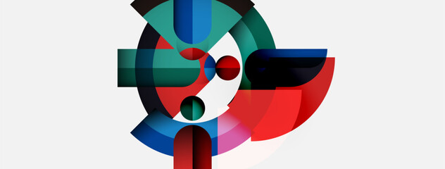 Poster - Abstract geometric composition. Circles, squares, rectangles intersect creating dynamic visual effect. Colors include red, blue, green.