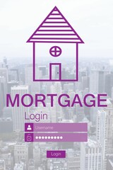 Fototapete - Digital image of mortgage text with icon and cityscape