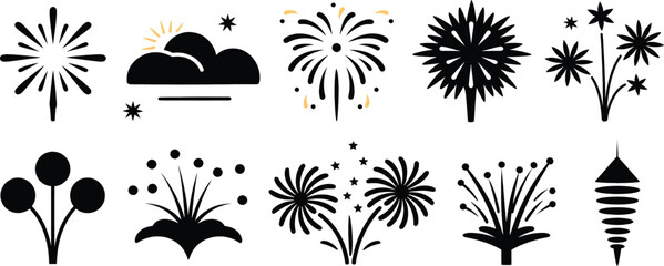 Poster - Vector art of a set of black and white fireworks icons, isolated on white background