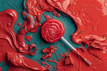Poster - Bright red lollipop sits against a vibrant red and teal abstract backdrop. Studio setting enhances playful mood, creating an eye-catching visual.