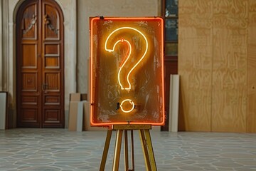 Poster - Illuminated neon sign shaped like a question mark stands out in spacious gallery room. Daylight filtering through windows enhances mysterious and intriguing atmosphere.