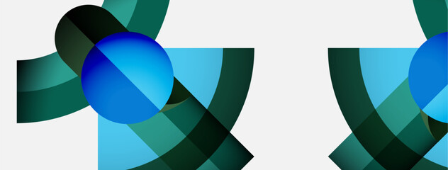 Poster - Abstract design features overlapping blue spheres, dark green ribbons. Minimalist composition, clean lines, modern aesthetic. Simple, elegant.
