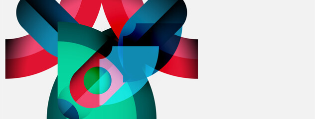 Poster - Abstract shapes overlap, creating vibrant color blends. Teal, red, pink hues dominate composition. Modern design, fluid forms present.
