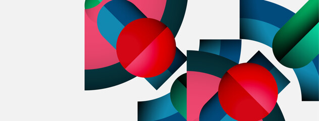 Aufkleber - Abstract composition featuring overlapping colorful shapes, circles, rectangles. Minimalist design with vibrant hues against white background.