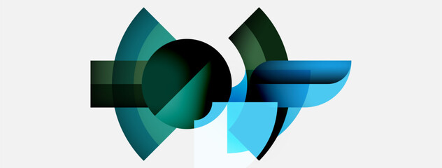Poster - Abstract geometric shapes overlap, creating dynamic composition. Teal, dark green, black hues dominate white background. Modern design.