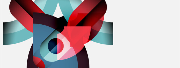 Poster - Abstract geometric shapes overlap, creating vibrant color blends. Red, blue, turquoise dominate composition. Minimalist design, modern aesthetic.