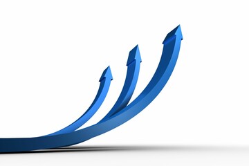 Poster - Glossy blue 3D curved arrows are sweeping upward on white background with subtle shadow, copy space