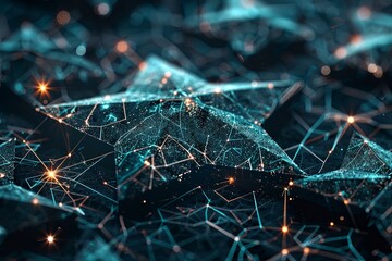 Poster - Abstract network features glowing nodes and interconnected geometric shapes in a digital environment. Nighttime setting creates a mysterious, futuristic atmosphere.