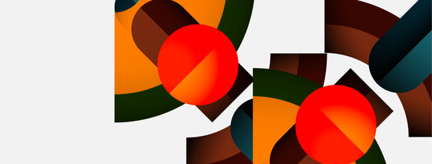 Aufkleber - Abstract geometric composition. Orange, brown, green shapes intersect with red circles. Minimalist design, modern aesthetic.