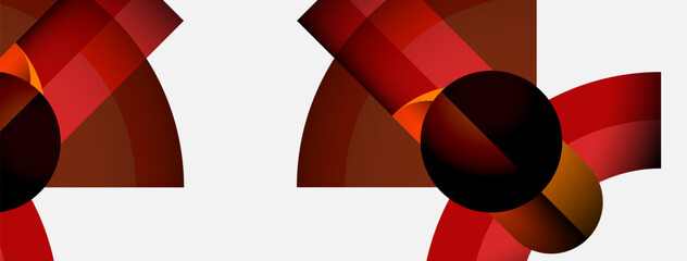 Poster - Abstract geometric shapes, red tones dominate. Circular forms intersect, creating dynamic visual pattern. Minimalist design, modern aesthetic.