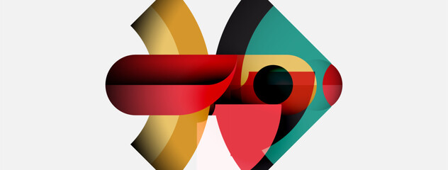 Aufkleber - Abstract geometric shapes overlap, creating dynamic composition. Red, teal, gold hues dominate white background. Modern design element.