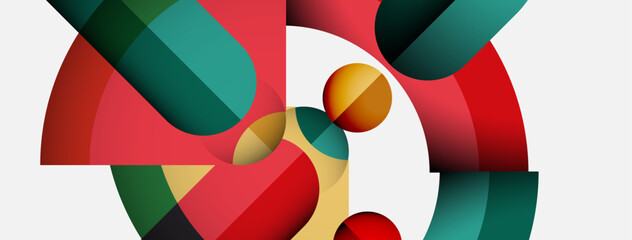 Poster - Abstract composition featuring overlapping curved shapes. Red, green, gold tones dominate white background. Modern design, simple geometry.