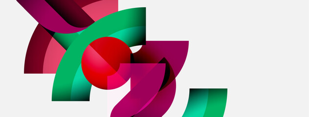 Poster - Abstract design features vibrant magenta, green hues. Red sphere intersects flowing shapes, creating dynamic composition. Minimalist aesthetic.