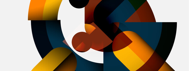 Poster - Abstract composition. Geometric shapes overlap, creating dynamic visual effect. Colors include orange, yellow, blue, brown, white. Modern design.