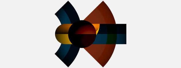 Poster - Abstract geometric composition. Circles, arcs, rectangles intersect. Warm, cool colors create dynamic visual effect. Minimalist design.