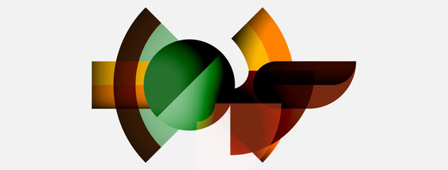 Poster - Abstract design features overlapping curved shapes. Colors include green, orange, brown, yellow. Minimalist composition on white background.