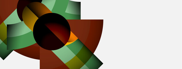 Poster - Abstract geometric shapes overlap, creating dynamic composition. Colors include greens, browns, golds, against white background. Modern design.