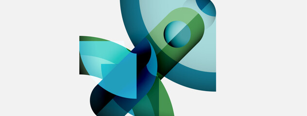 Poster - Abstract shapes overlap, creating dynamic composition. Blues, greens dominate neutral background. Modern design, fluid forms present.