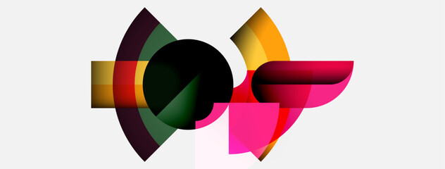 Poster - Abstract composition featuring overlapping colorful arcs, circles, shapes. Minimalist design with vibrant hues against white background. Modern aesthetic.