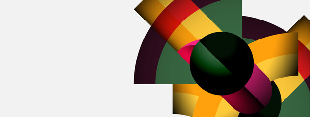 Poster - Abstract colorful design features overlapping curved shapes, dark sphere, white background. Modern graphic element.