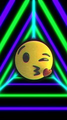 Poster - Winking emoji blowing kiss animation over neon green and blue triangular lines
