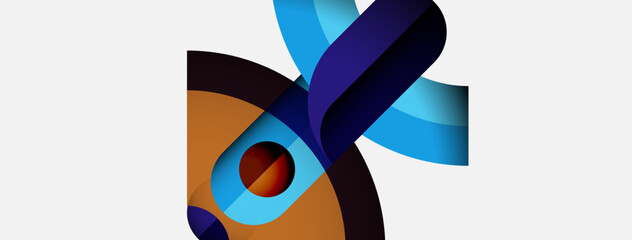 Poster - Abstract design features flowing ribbons, vibrant colors, central red sphere. Modern aesthetic, dynamic composition, clean background.