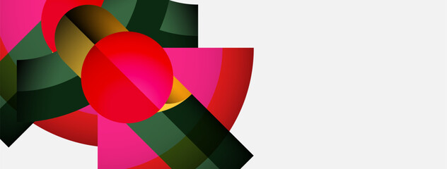 Poster - Abstract composition features overlapping colorful shapes. Red sphere dominates, surrounded by pink, green, yellow gradients. Minimalist design.