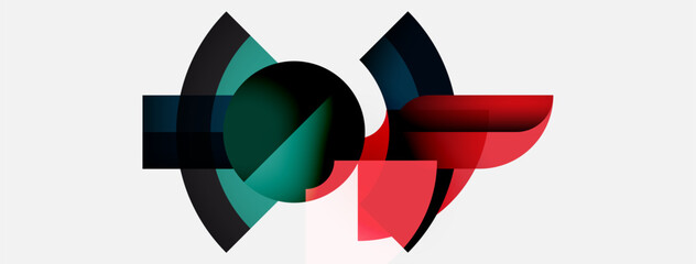 Poster - Abstract shapes overlap, creating dynamic composition. Teal, red, black hues dominate white background. Modern design element.