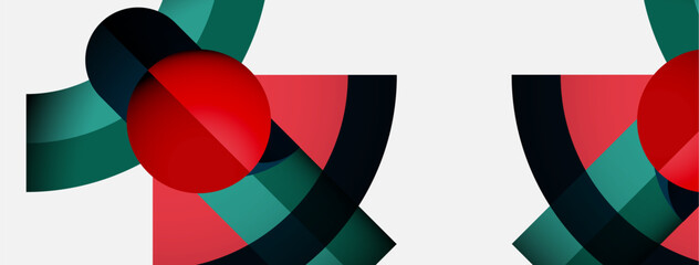Poster - Abstract geometric composition. Overlapping shapes create dynamic visual interest. Red, teal, black colors dominate white background. Modern design.