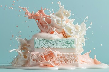 Poster - Three colorful sponges covered in pink, white, and light blue liquids create a playful scene. Artificial lighting enhances vibrant splashes against a light blue backdrop.