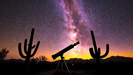 Wall Mural - silhouette of cacti and telescope against a vibrant night sky displaying the milky way galaxy. warm 