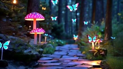 Wall Mural - enchanted forest path illuminated by glowing pink mushrooms and vibrant butterflies against a dark w