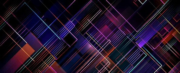 Poster - Abstract background with geometric patterns and colorful lines for graphic design element Geometric pattern in dark colors with a neon glow on the black backdrop Generative AI