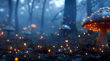 Wall Mural - enchanting forest scene featuring glowing mushrooms and warm bokeh lights. misty blue atmosphere wit