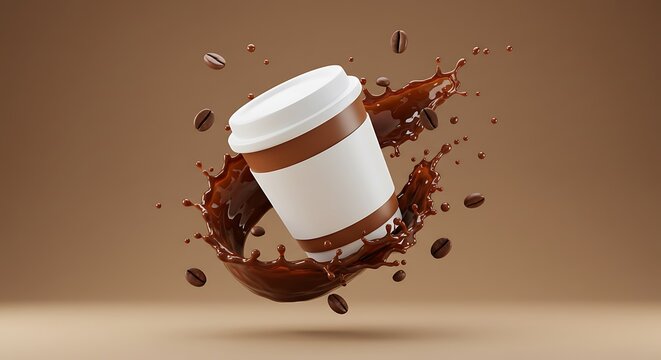 Espresso Coffee Splash A Dynamic 3D Render of Coffee Beans and a Takeaway Cup