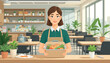 © Nan_Stock - Smiling Woman in Green Apron Presents Fresh Produce in a Box