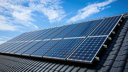 Solar panel assessment roof mounted array residential house blue sky clouds sustainable energy green technology modern installation