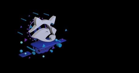 Fototapete - White raccoon head symbol on a pedestal of abstract geometric shapes floating in the air. Abstract concept art with flying shapes on the left. 3d illustration on black background