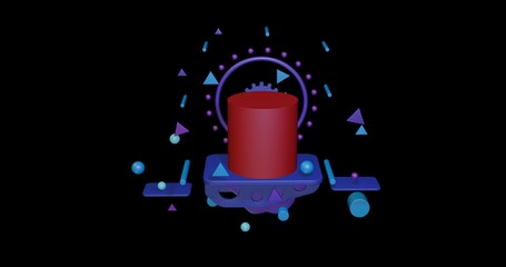Fototapete - Red cylinder on a pedestal of abstract geometric shapes floating in the air. Abstract concept art with flying shapes in the center. 3d illustration on black background