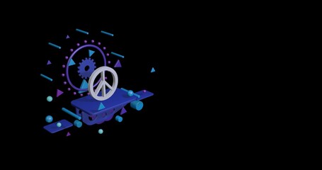 Fototapete - White peace symbol on a pedestal of abstract geometric shapes floating in the air. Abstract concept art with flying shapes on the left. 3d illustration on black background